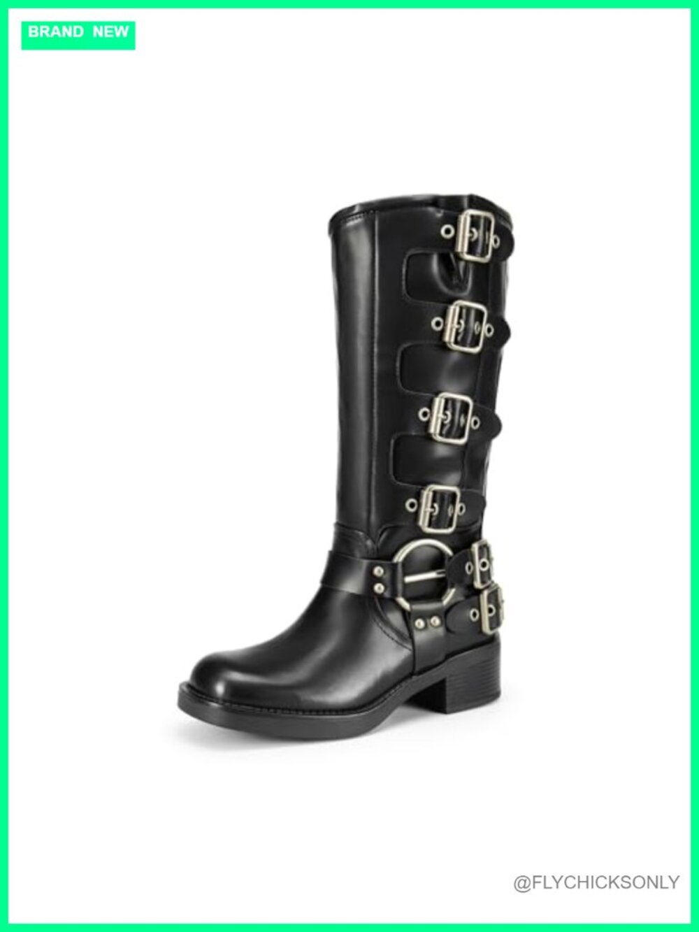 Knee High Moto Boots Faux Leather Block Heel Buckle Straps Square Toe